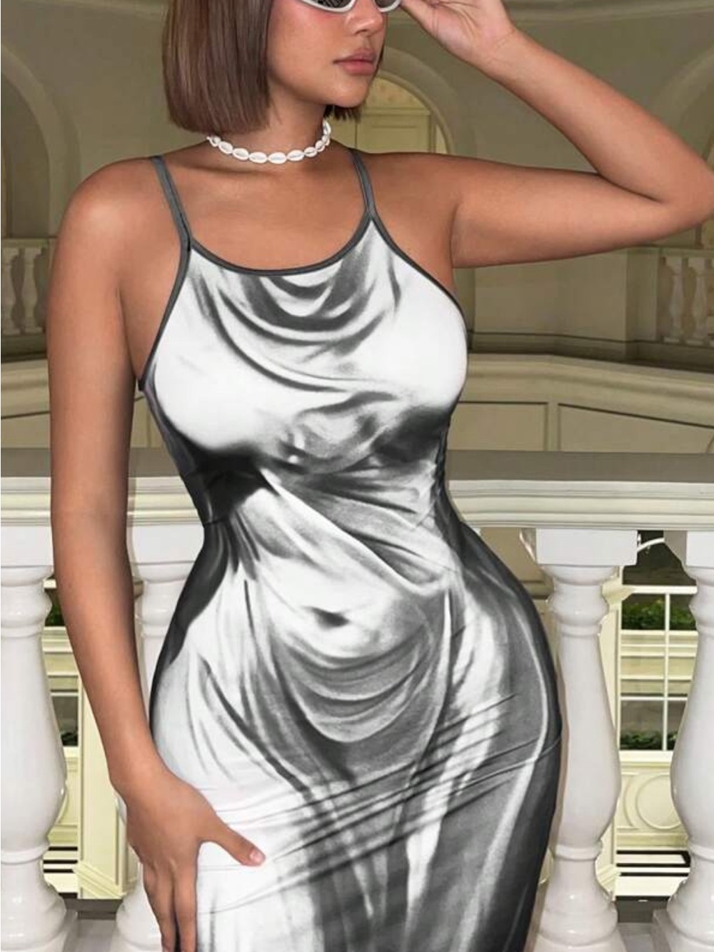 Silver Satin Slip Dress with Black Accents